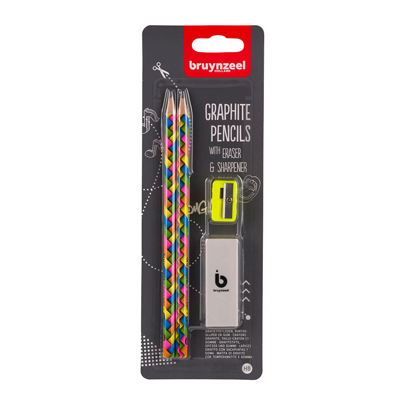 Bruynzeel Graphite neon set olovaka - 2 HB olovke + šiljilo i gumica